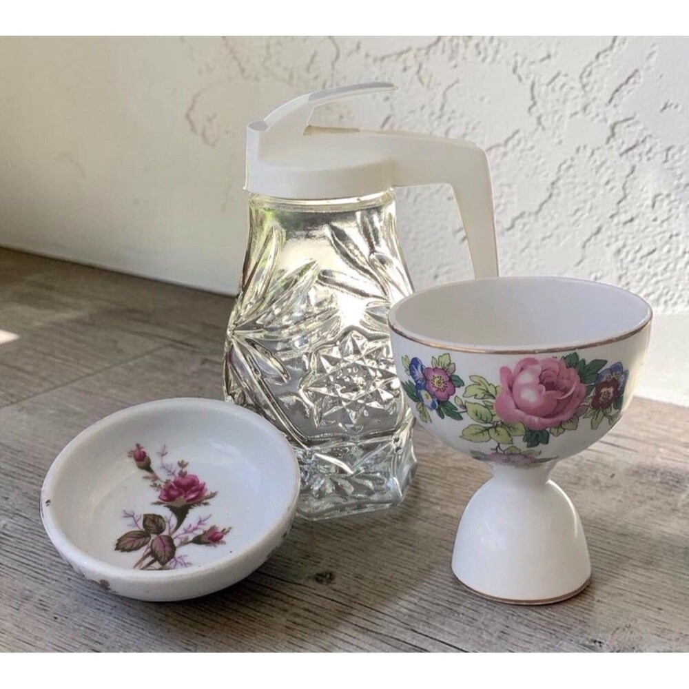 Vintage Mid-Century Table Set-Syrup Dispenser,China Egg Cup & Trinket Dish
